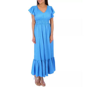 TAYLOR Women's Smocked & Tiered Flutter Sleeve Midi Dress Lined Size XS Blue